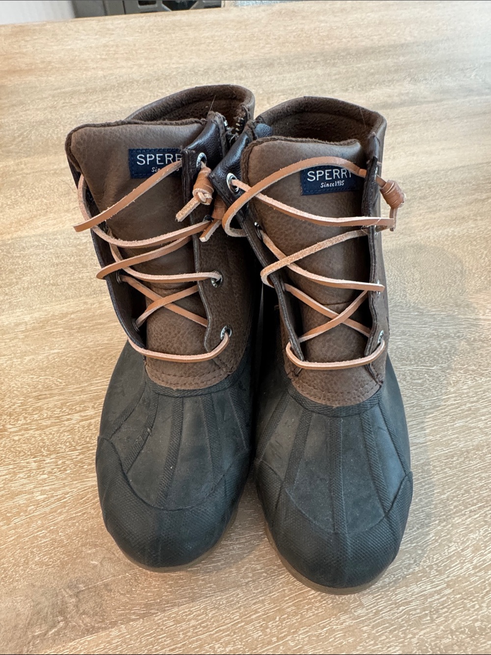 Sperry Black Rubber & Brown Leather Lace-Up Duck Boots